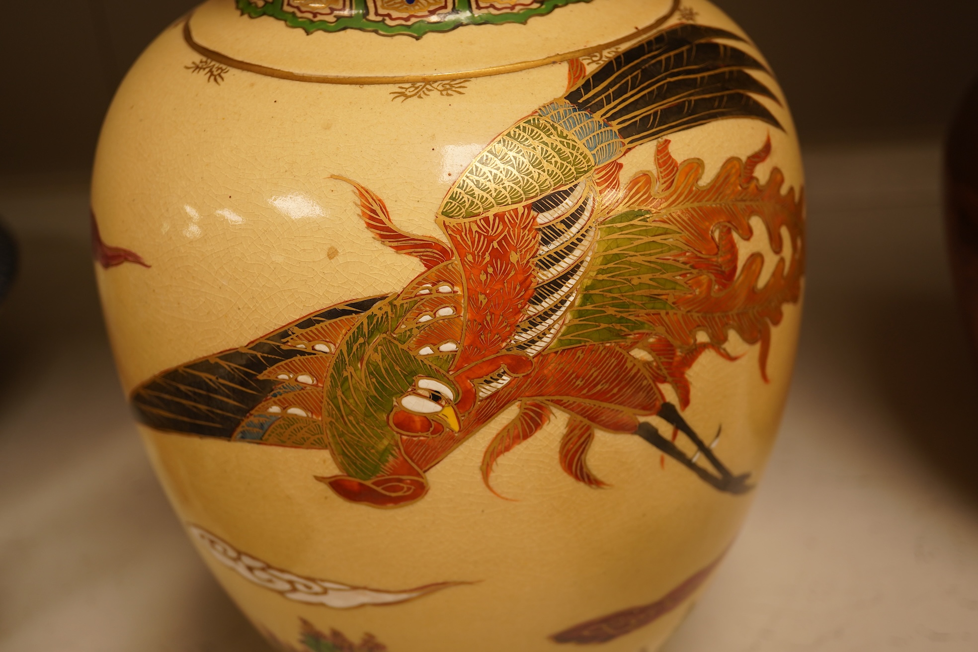 A pair of Chinese bronze horses, a Japanese Satsuma bowl and similar vase, vase 33cm high.
